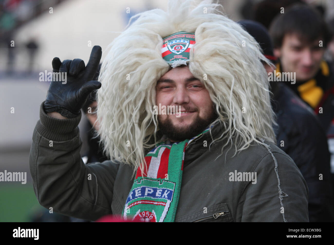 Supporters of FC Terek, at the Terek football stadium in the Chechen capital Grozny, Russia Stock Photo