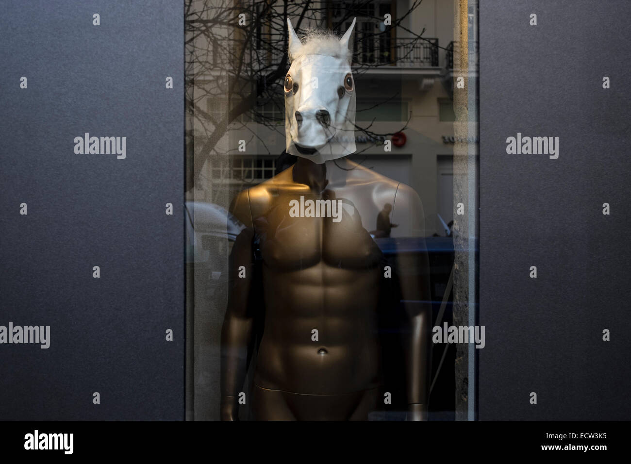 Decor in the storefront of coffee shop in Thessaloniki on December 19