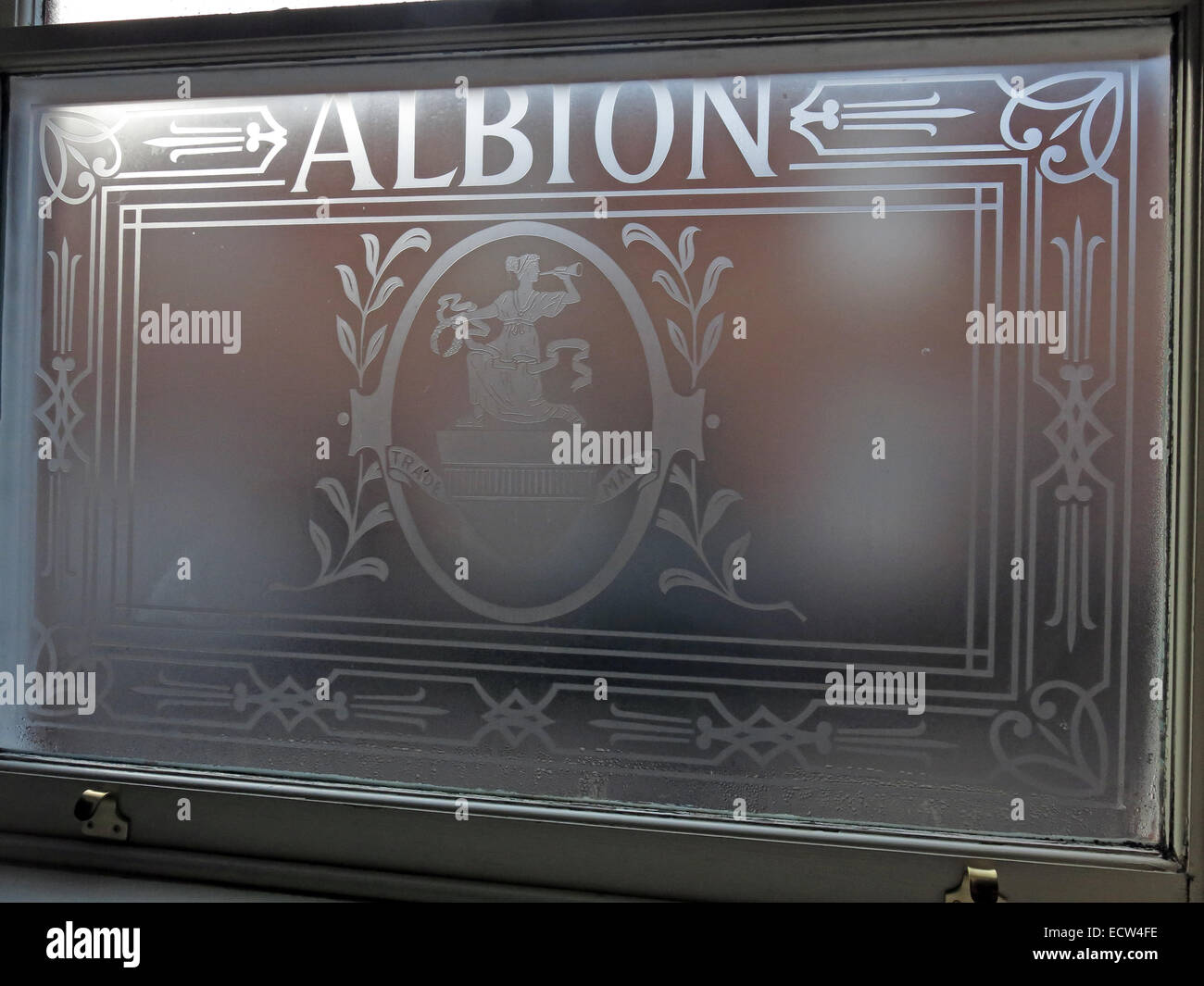 Albion, engraved etched window pub, Park Street, Chester, England, UKAle trail Stock Photo