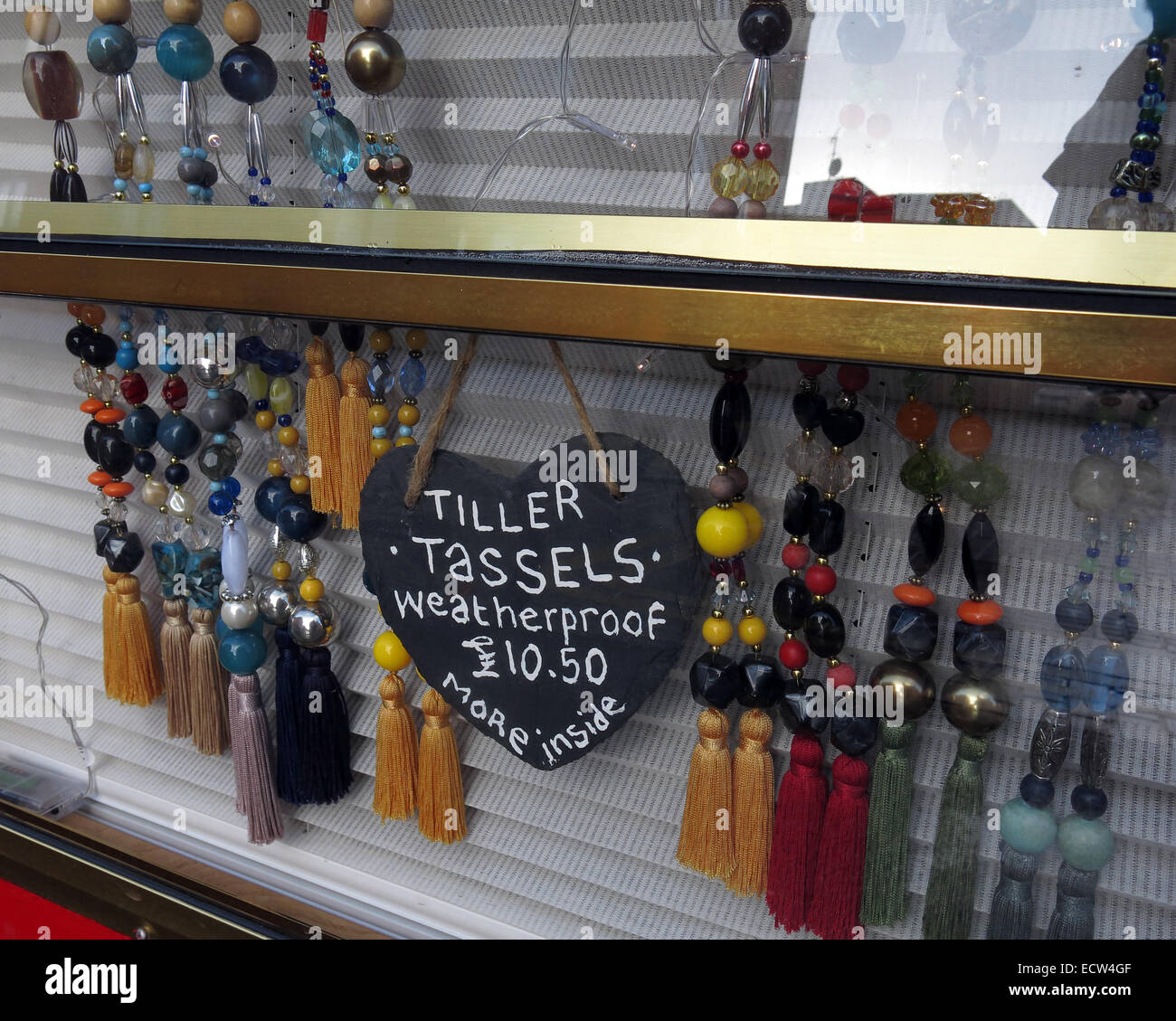 Tiller Tassels, Canalside jewellery, Chester Canal, Cheshire, England, UK Stock Photo