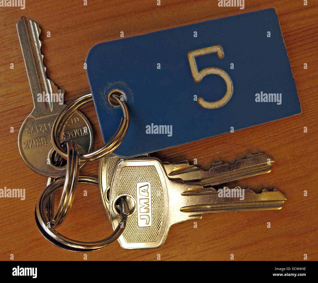 Bunch of keys, for hotel Room number 5 Stock Photo