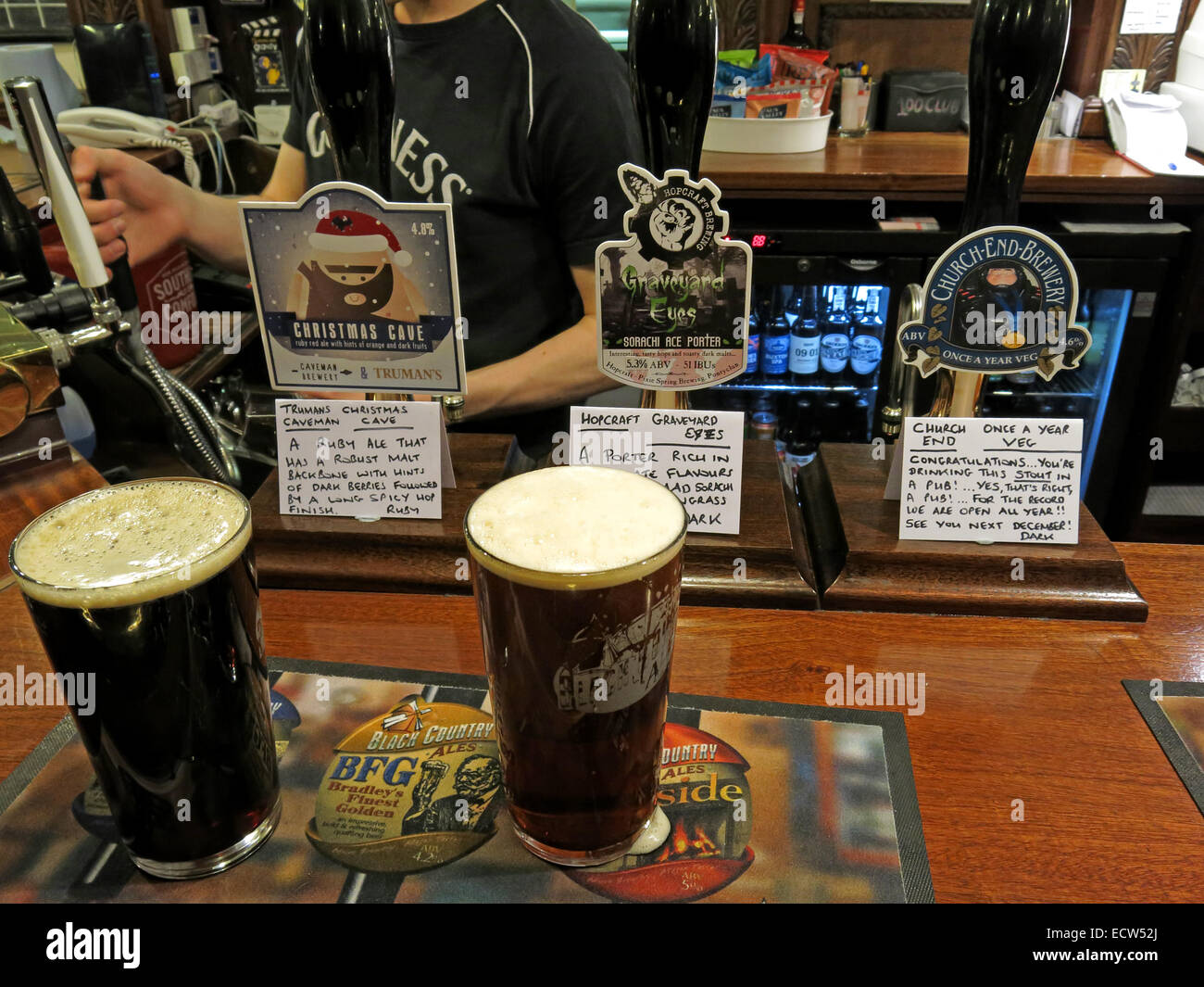 Three Xmas British real Ales, on a bar, CAMRA listed Craven Arms, Birmingham, England, UK Stock Photo