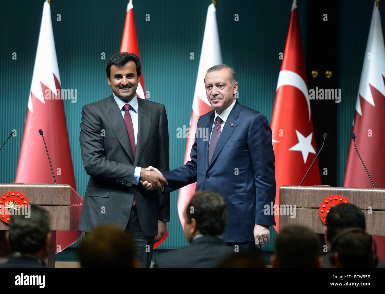 Ankara, Turkey. 19th Dec, 2014. Turkish President Recep Tayyp Erdogan (R) and visiting Qatar's Emir Sheikh Tamim bin Hamad Al Thani hold a joint press conference in the new Turkish Presidential Palace in Ankara, Turkey, on Dec. 19, 2014. Turkey and Qatar on Friday signed an agreement for the establishment of 'Strategic Committee' in order to intensify their already growing relations. Credit:  Mustafa Kaya/Xinhua/Alamy Live News Stock Photo