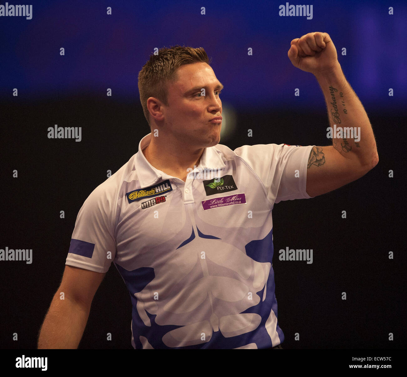 London, UK. 19th Dec, 2014. William Hill PDC World Darts Championship.  Gerwyn Price [WAL] celebrates a 180 score during his match with Peter  Wright (5) [SCO]. Credit: Action Plus Sports/Alamy Live News