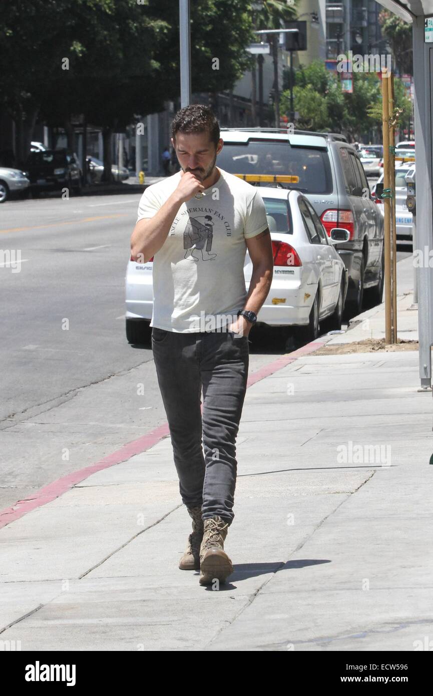 Shia LaBeouf out and about in combat boots and a Uncle Sherman Fan Club t-shirt Featuring: Shia LaBeouf Where: Los Angeles, United States When: 16 Jun Stock Photo - Alamy
