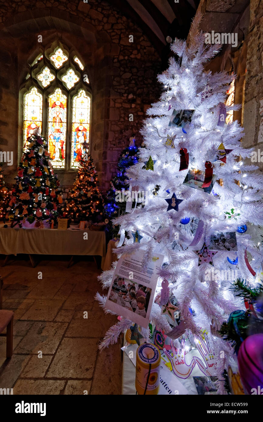 Christmas trees decorating part of the nave of St Marys Church