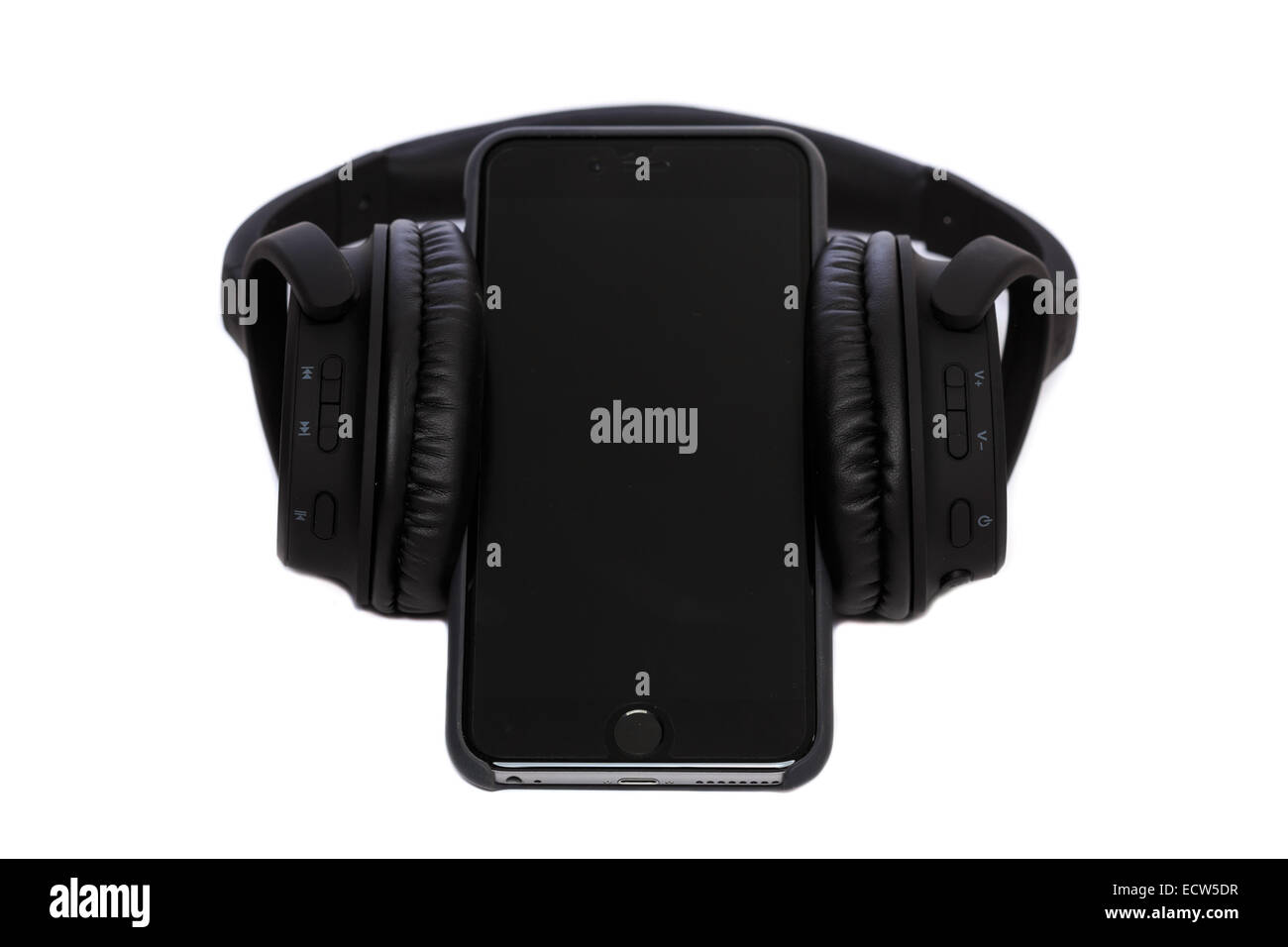 Bluetooth Headphones with iPhone 6+ Stock Photo