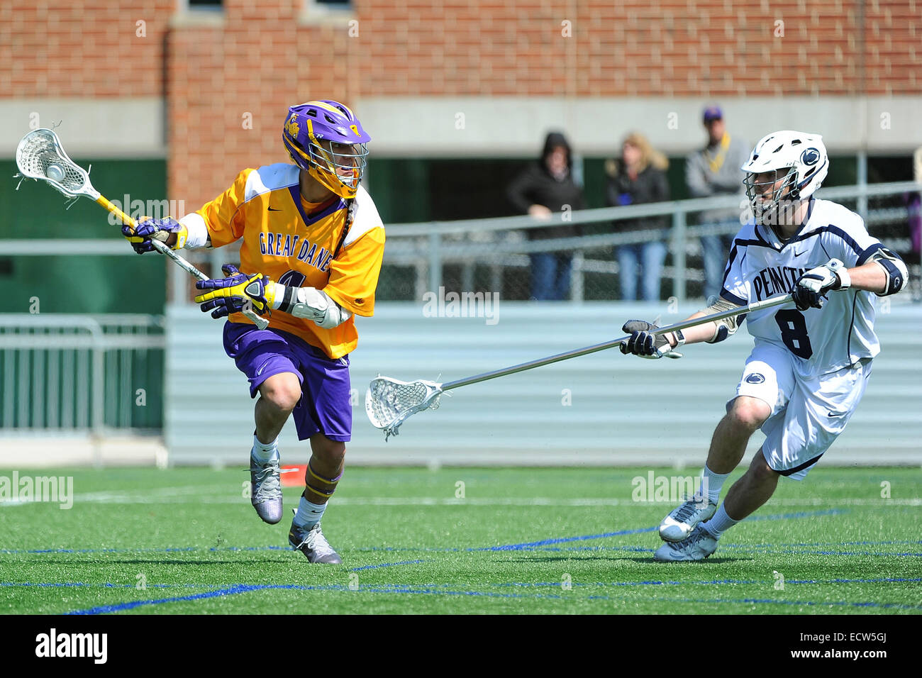 March 22, 2014 Albany Great Danes attackman Lyle Thompson (4) dodges