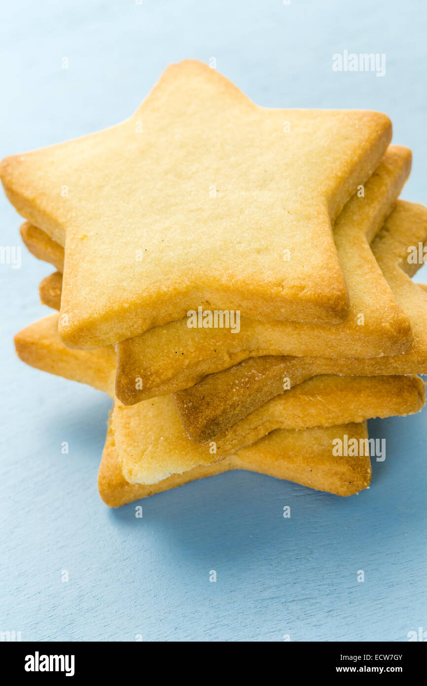 Sugar cookies in shape eof stars on blue background. Stock Photo