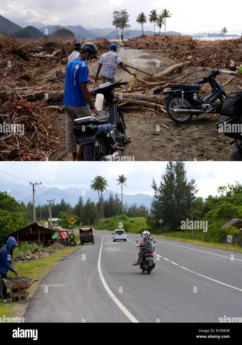 In this composite image a comparison has been made between a scene in 2005 (TOP) and 2014 (BOTTOM) ***TOP IMAGE*** LEUPUNG, ACEH, INDONESIA - JANUARY 8: Men prepare to move motorbikes over trees after the Tsunami in Leupung, Aceh, Indonesia -150 miles from southern Asia's massive earthquake's epicenter on Tuesday January 8 2005.  Leaping, Aceh, Indonesia.  ***BOTTOM IMAGE*** LEUPUNG, ACEH, INDONESIA - DECEMBER 13: Motorbikes ride down the road prior to the ten year anniversary of the 2004 earthquake and tsunami on December 13, 2014 in Leupung, Aceh, Indonesia. Aceh was the worst hit location,  Stock Photo