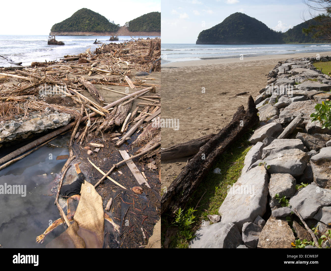 In this composite image a comparison has been made between a scene in 2005 (LEFT) and 2014 (RIGHT) ***LEFT IMAGE*** LEUPUNG, ACEH, INDONESIA - JANUARY 8: A body lies in water near the beach after the Tsunami in Leupung, Aceh, Indonesia -150 miles from southern Asia's massive earthquake's epicenter on Tuesday January 8 2005.  Leaping, Aceh, Indonesia.  ***RIGHT IMAGE*** LEUPUNG, ACEH, INDONESIA - DECEMBER 13: A waterfront scene prior to the ten year anniversary of the 2004 earthquake and tsunami on December 13, 2014 in Leupung, Aceh, Indonesia. Aceh was the worst hit location, being the closest Stock Photo