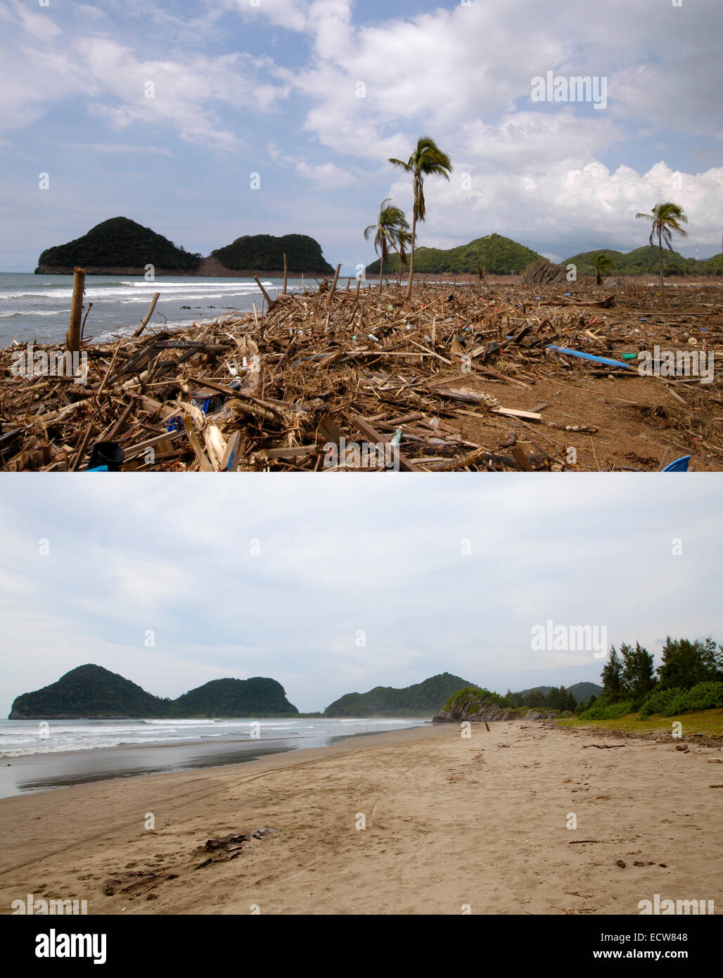 In this composite image a comparison has been made between a scene in 2005 (TOP) and 2014 (BOTTOM) ***TOP IMAGE*** LHOK SADAY, ACEH, INDONESIA - JANUARY 8: A completely devastated village after the Tsunami in Lhok Sadey, Aceh, Indonesia  -150 miles from southern Asia's massive earthquake's epicenter on Tuesday January 8, 2005.  Lhok Sadey, Aceh, Indonesia.  ***BOTTOM IMAGE*** LHOK SADAY, ACEH, INDONESIA - DECEMBER 14: A mostly unused beach prior to the ten year anniversary of the 2004 earthquake and tsunami on December 14, 2014 in Lhok Saday, Aceh, Indonesia. Aceh was the worst hit location, b Stock Photo