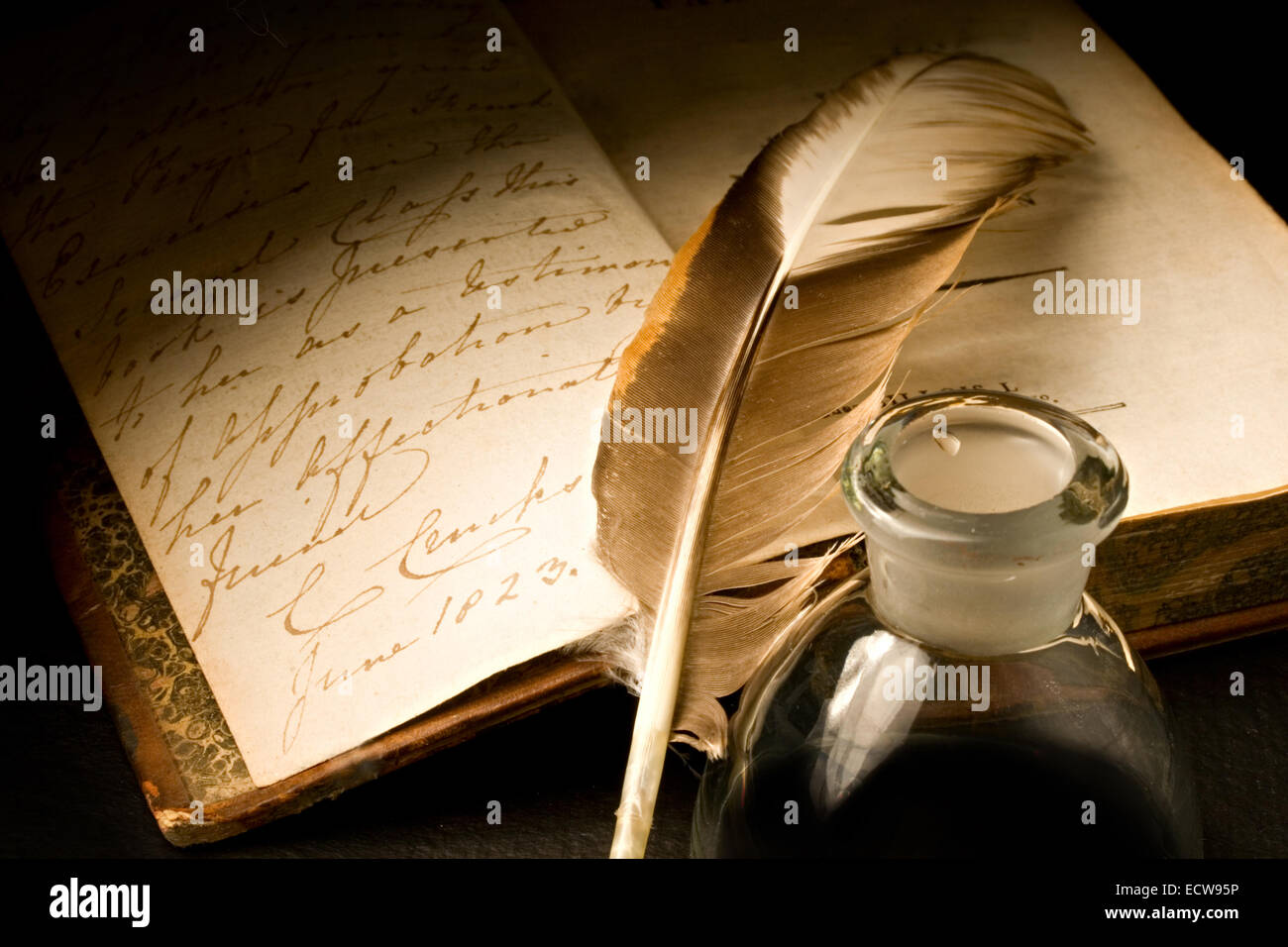 Old book with feather and inkpot Stock Photo Alamy