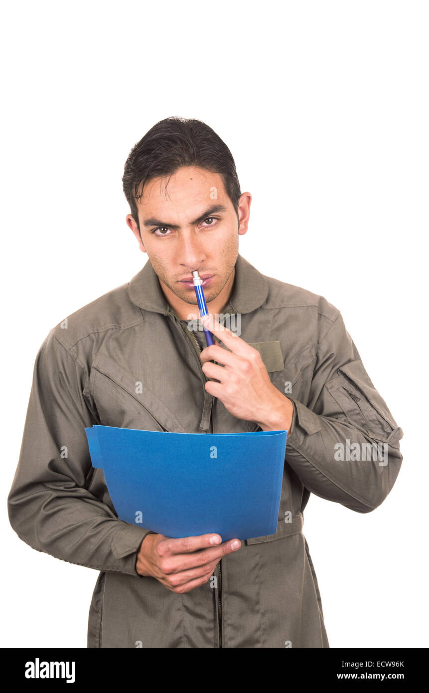 handsome young pilot wearing green uniform Stock Photo - Alamy
