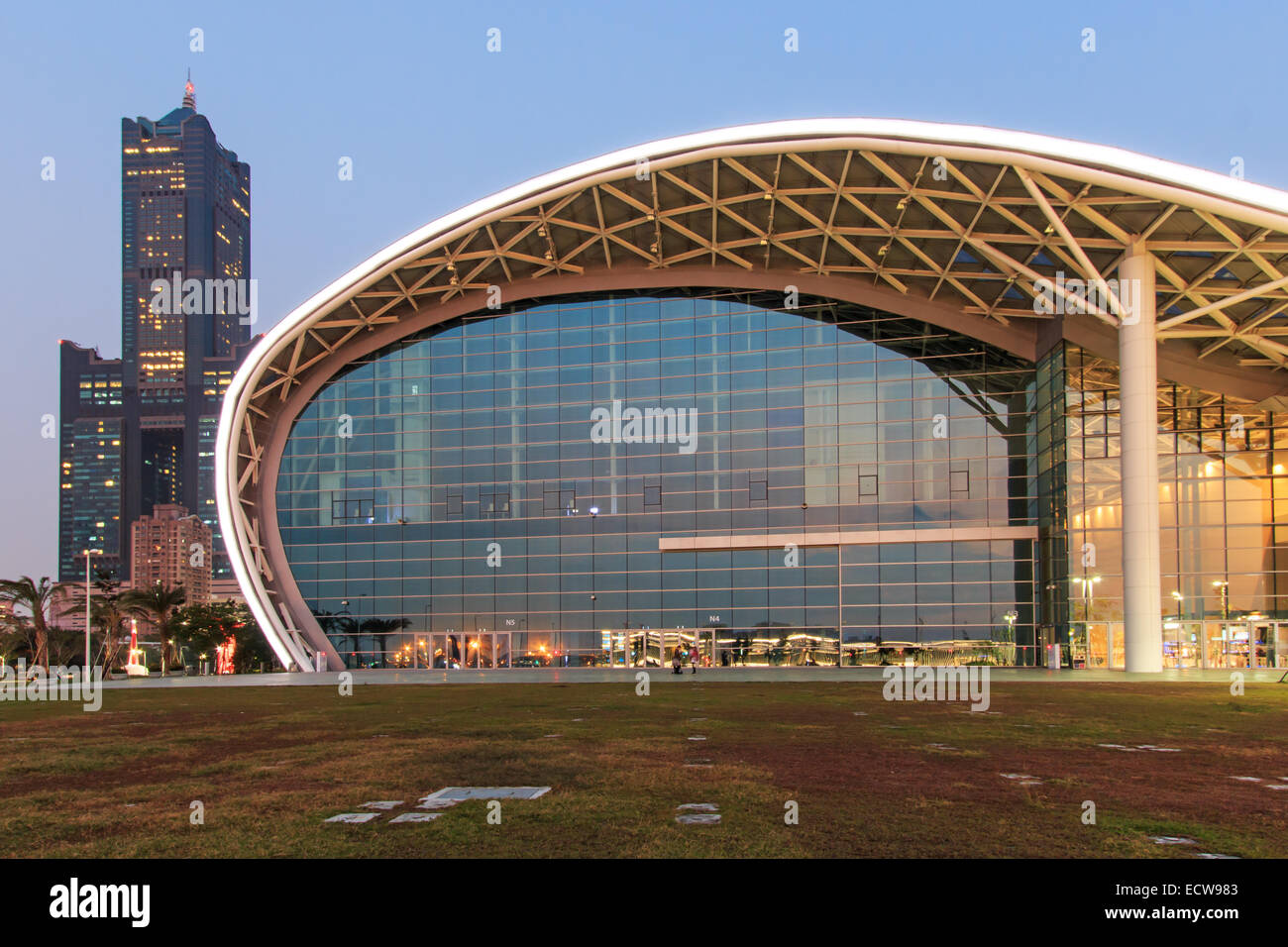 Kaohsiung, Taiwan - December 18, 2014: The newly opened Kaohsiung Exhibition Center and the 85 Building on background. Stock Photo