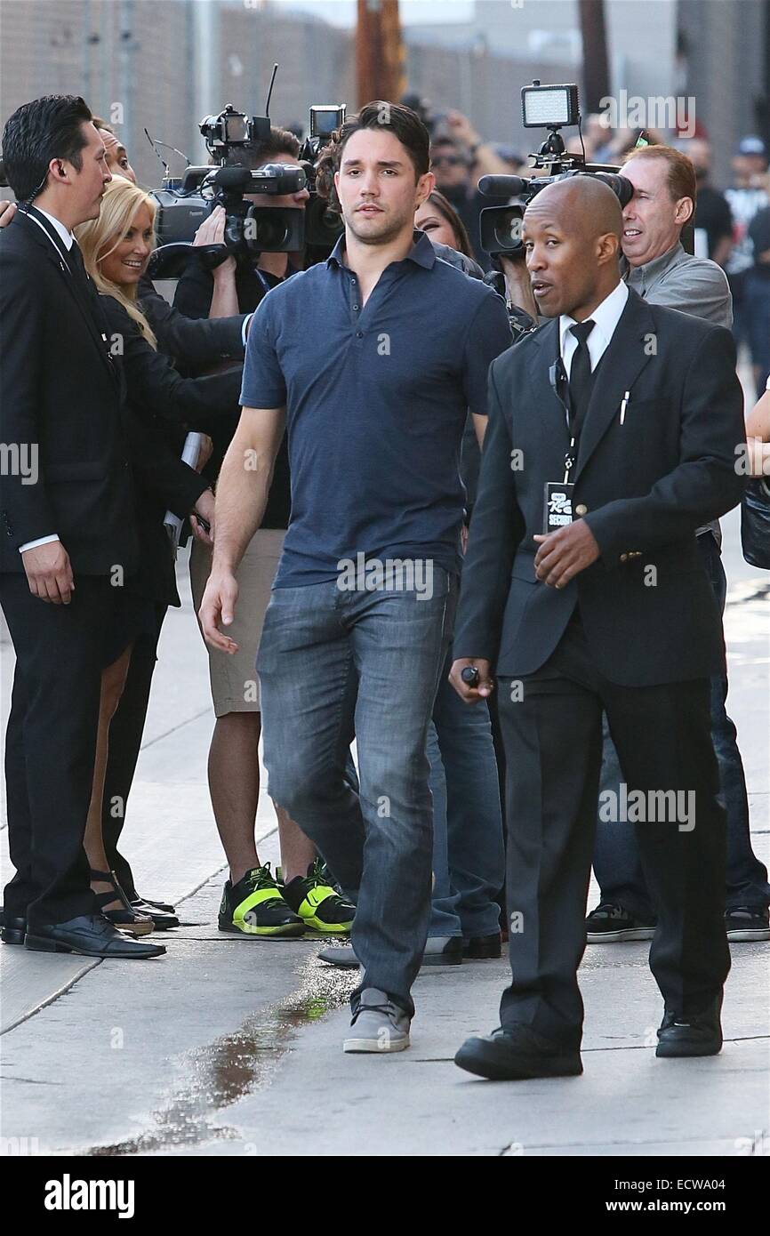 MVP Justin Williams and Alec Martinez of the Los Angeles Kings, this year's Stanley Cup Winners, arrive at Jimmy Kimmel with the Stanley Cup trophy and the Conn Smythe MVP trophy. Martinez scored the decisive goal for the Kings as they beat The New York R Stock Photo