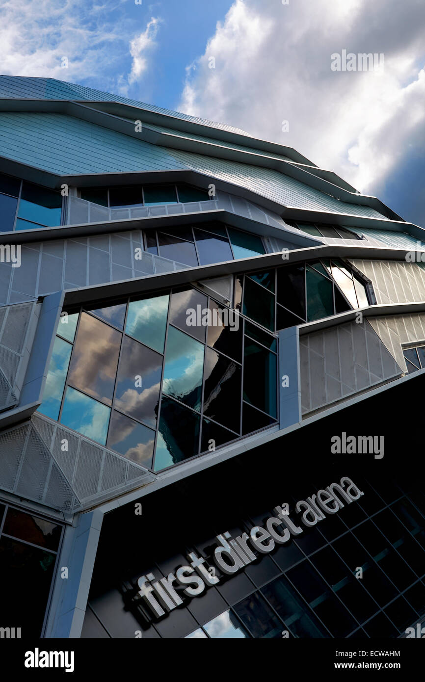 First Direct arena Leeds. Exterior shot late afternoon with reflections and textures but no artificial lights. Entrance. Stock Photo