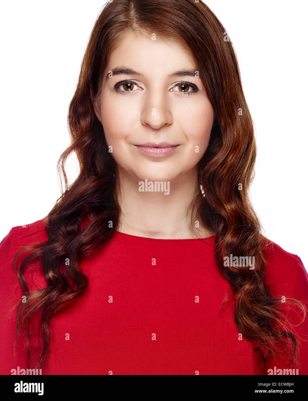 Close up, attractive young adult woman wearing red dress and she looking at camera - white background Stock Photo