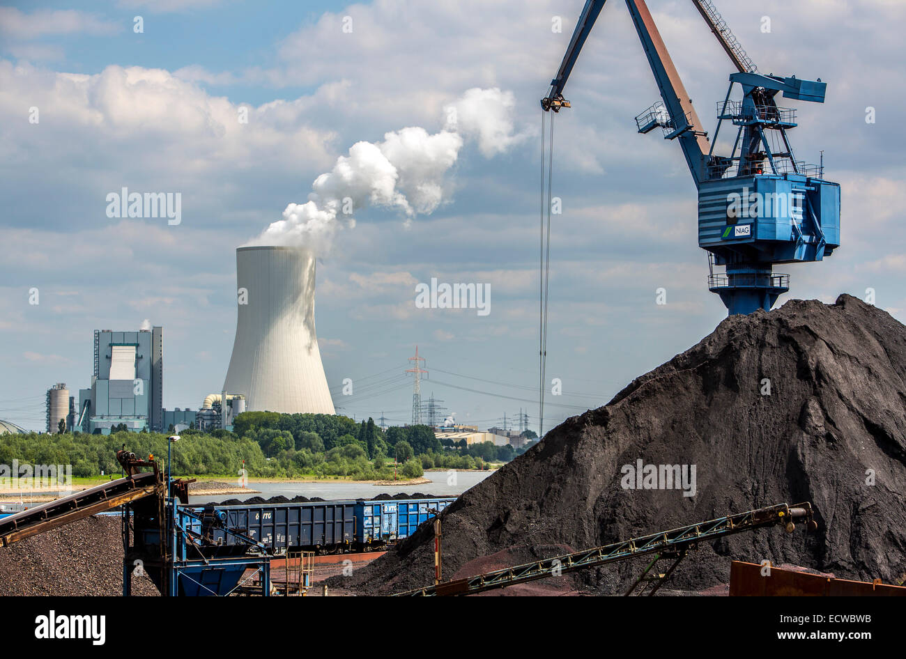 Coal loading in port Orsoy on the Rhine, across from Duisburg Walsum, Stock Photo