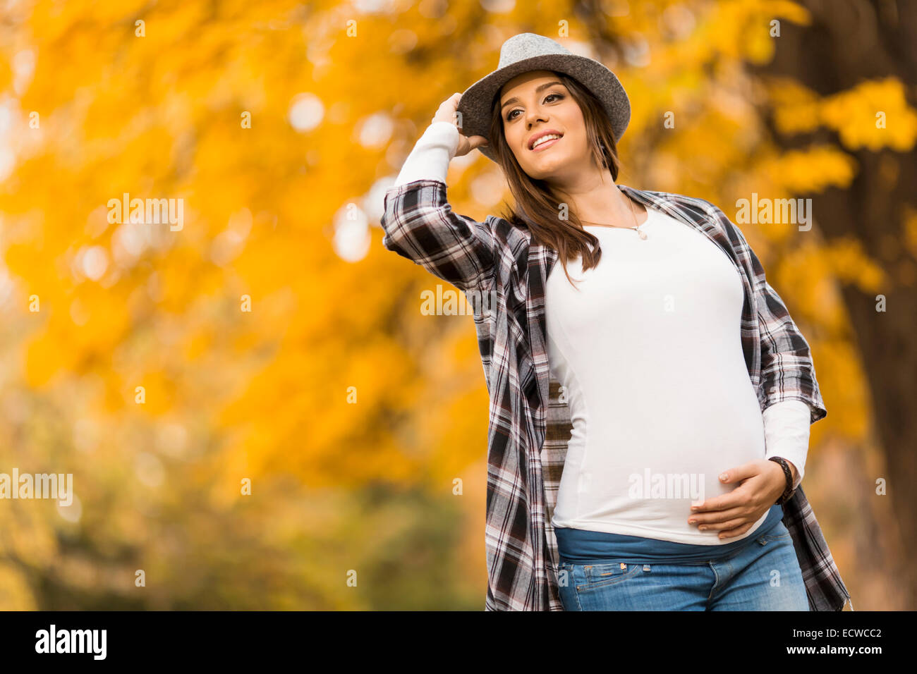 Young pregnant woman in the autumn park Stock Photo - Alamy