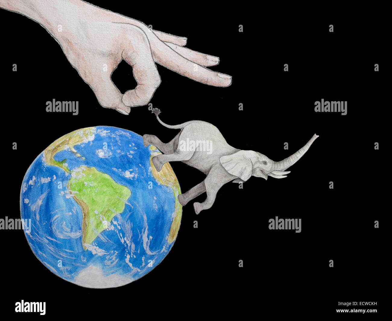 Human hand flips elephant from globe. We brought this species close to ...