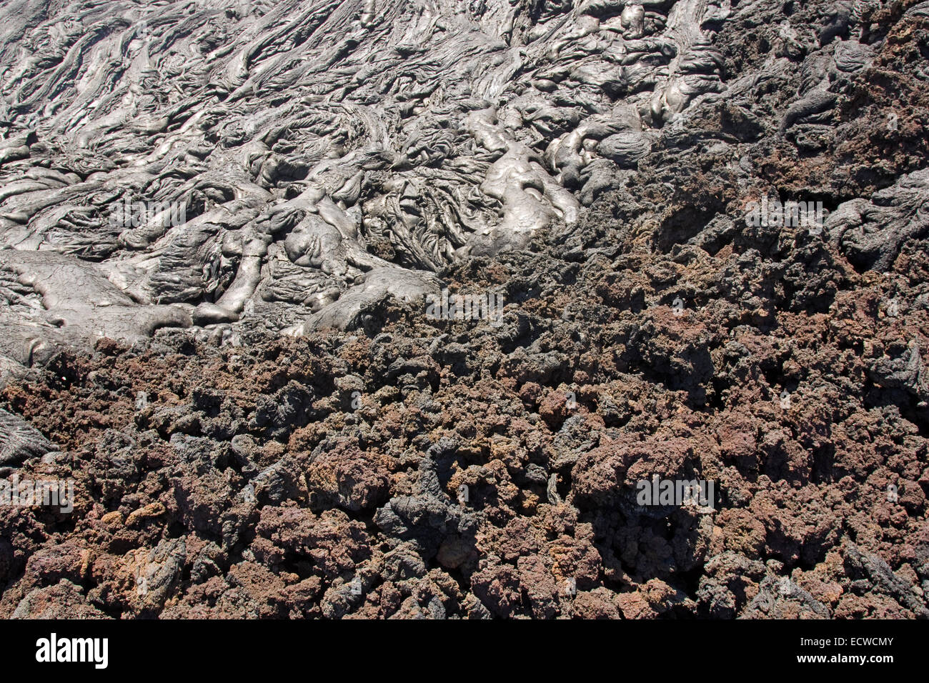 Transition from pahoehoe to aa lava Stock Photo
