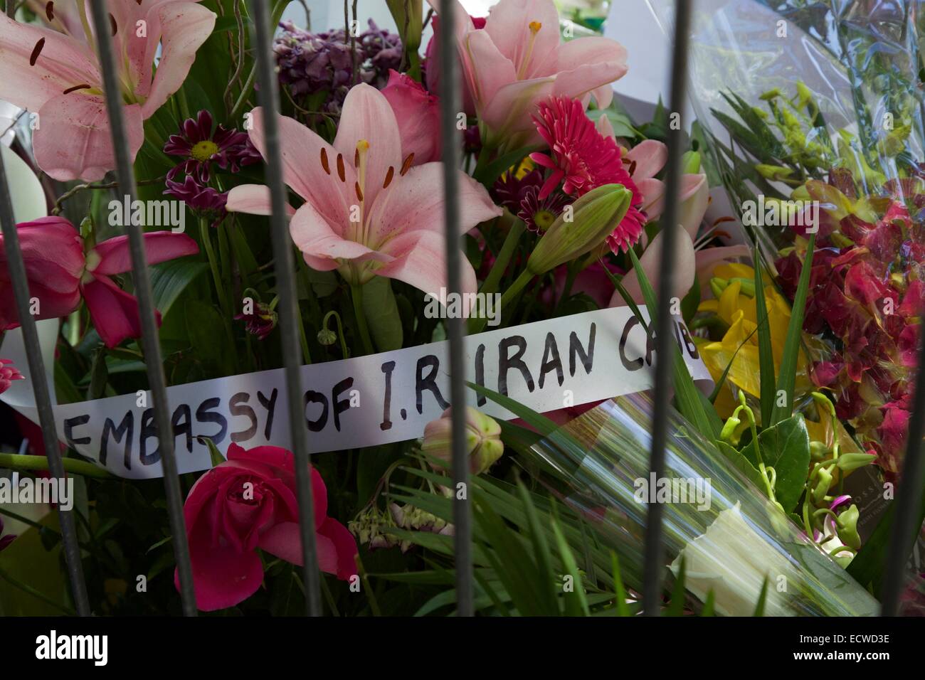 Martin Place, Sydney, Australia. 20 December 2014. Flowers left by the Embassy of the Islamic Republic of Iran in memory of the two hostage victims of the Sydney siege Katrina Dawson and Tori Johnson. Copyright Credit:  2014 Richard Milnes/Alamy Live News. Stock Photo