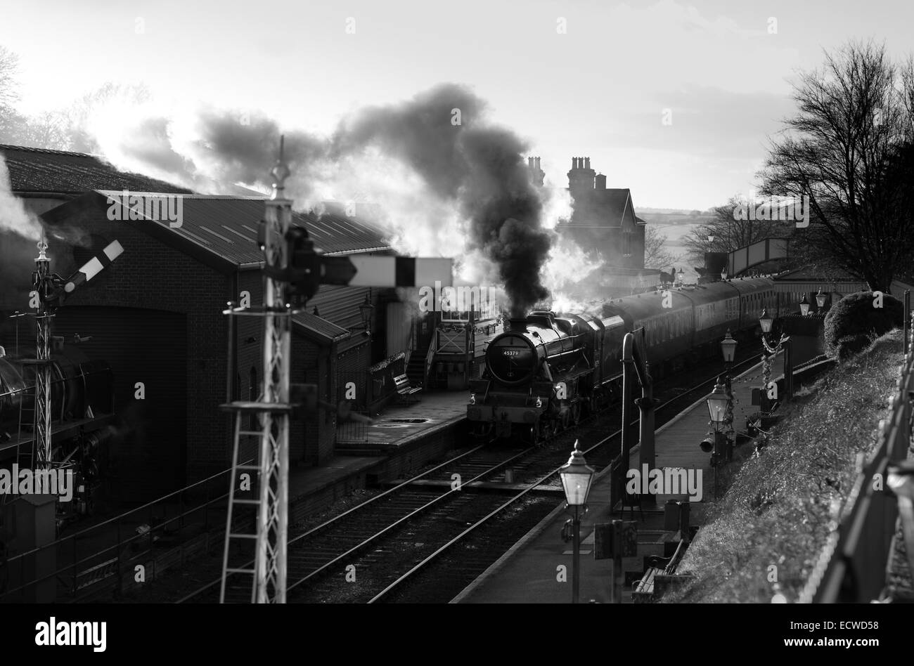 Steam engines at Ropley Station on the Mid-Hants Railway, also known as The Watercress Line. Stock Photo