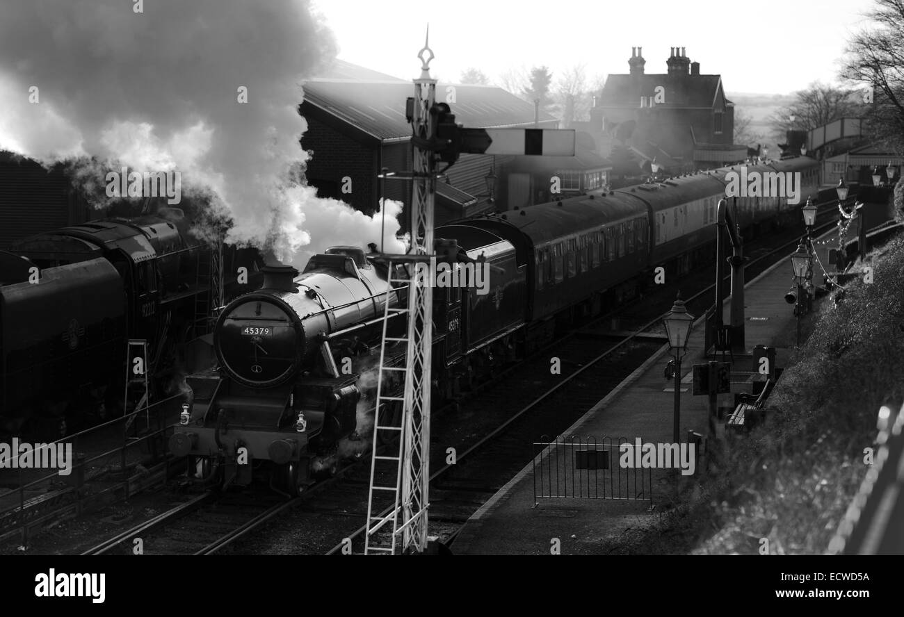 Steam engines at Ropley Station on the MidHants Railway, also known as