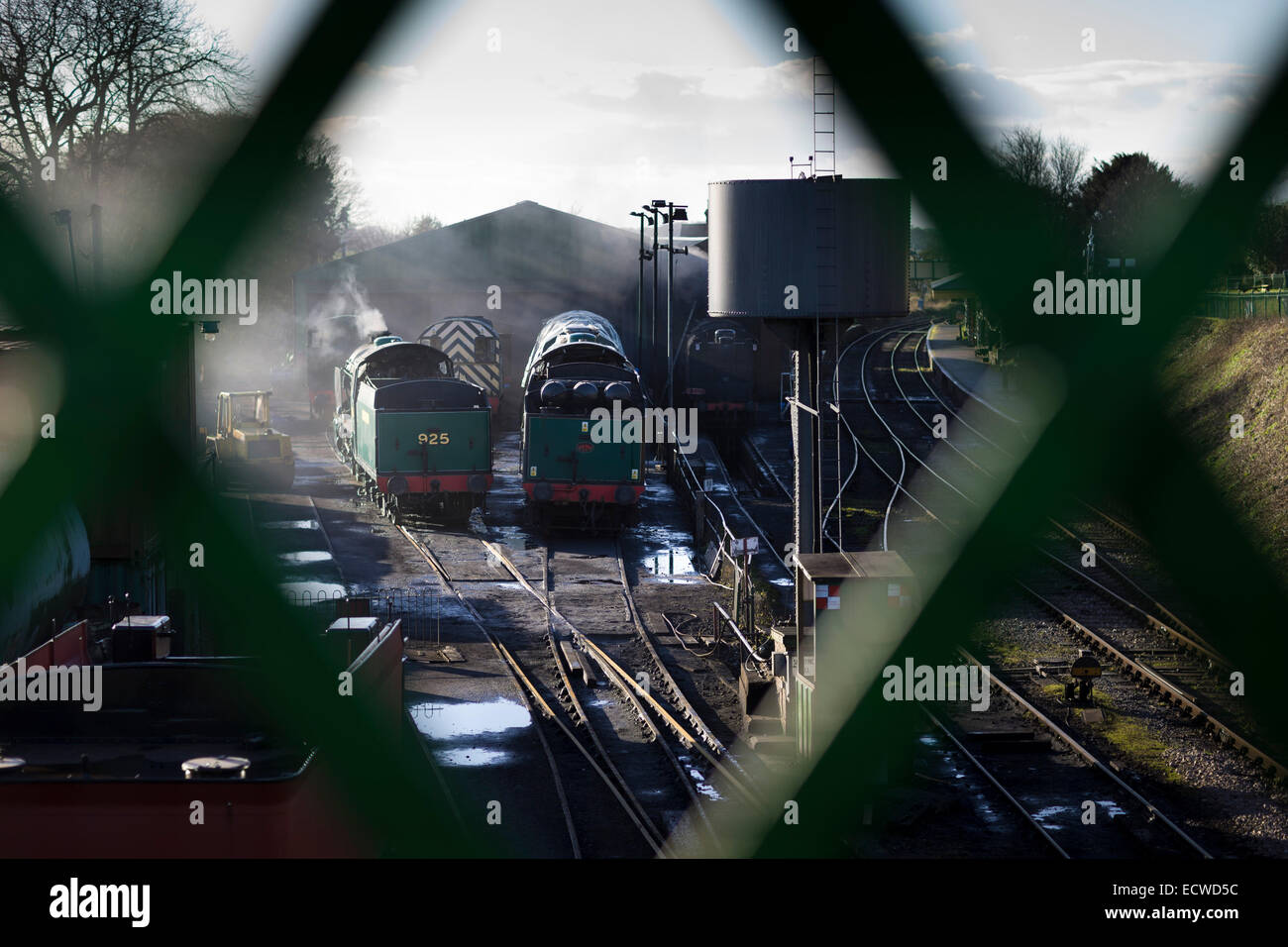 Steam engines at Ropley Station on the Mid-Hants Railway, also known as The Watercress Line. Stock Photo