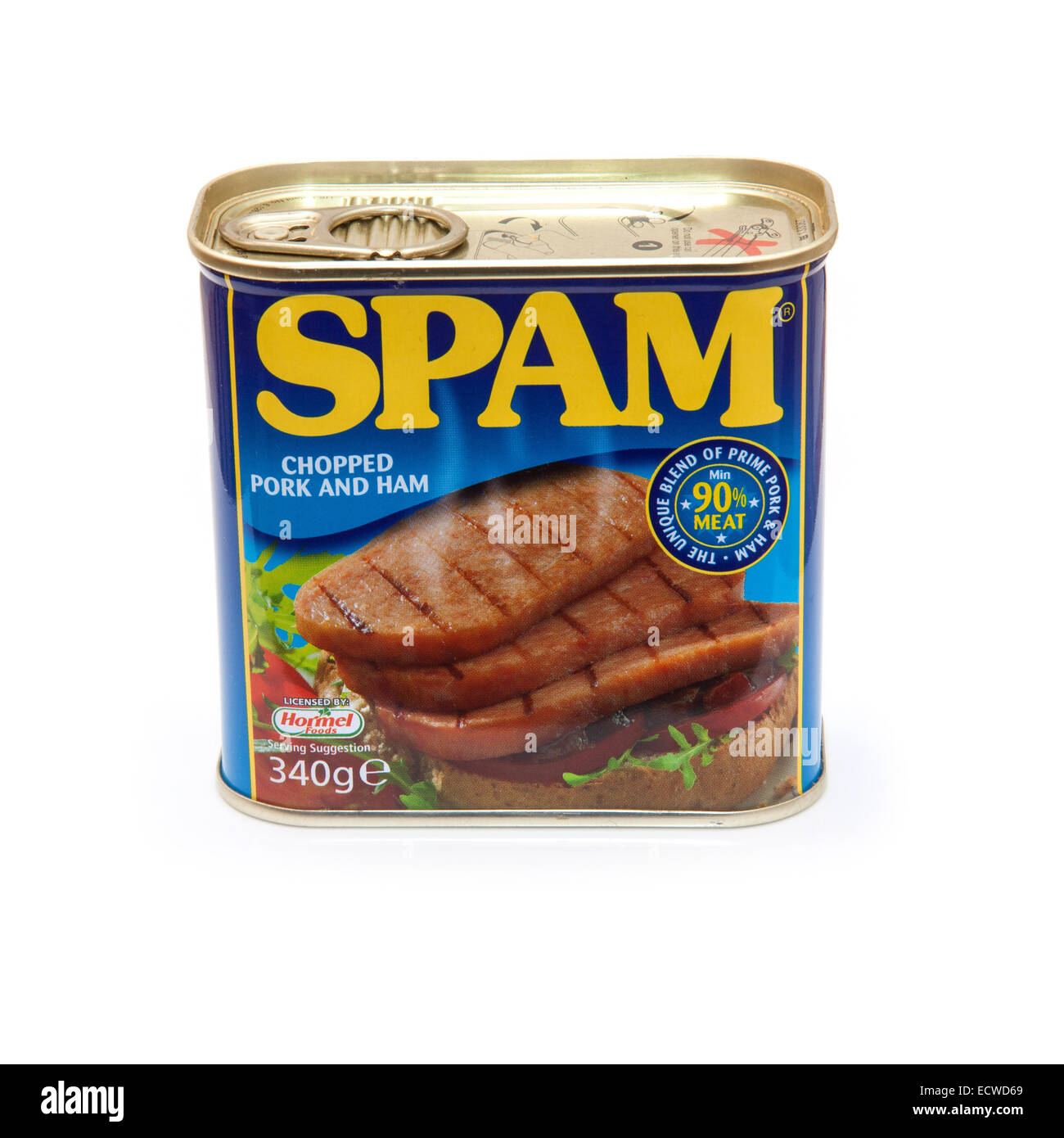 Can of spam, Chopped pork and ham isolated on a white studio background. Stock Photo