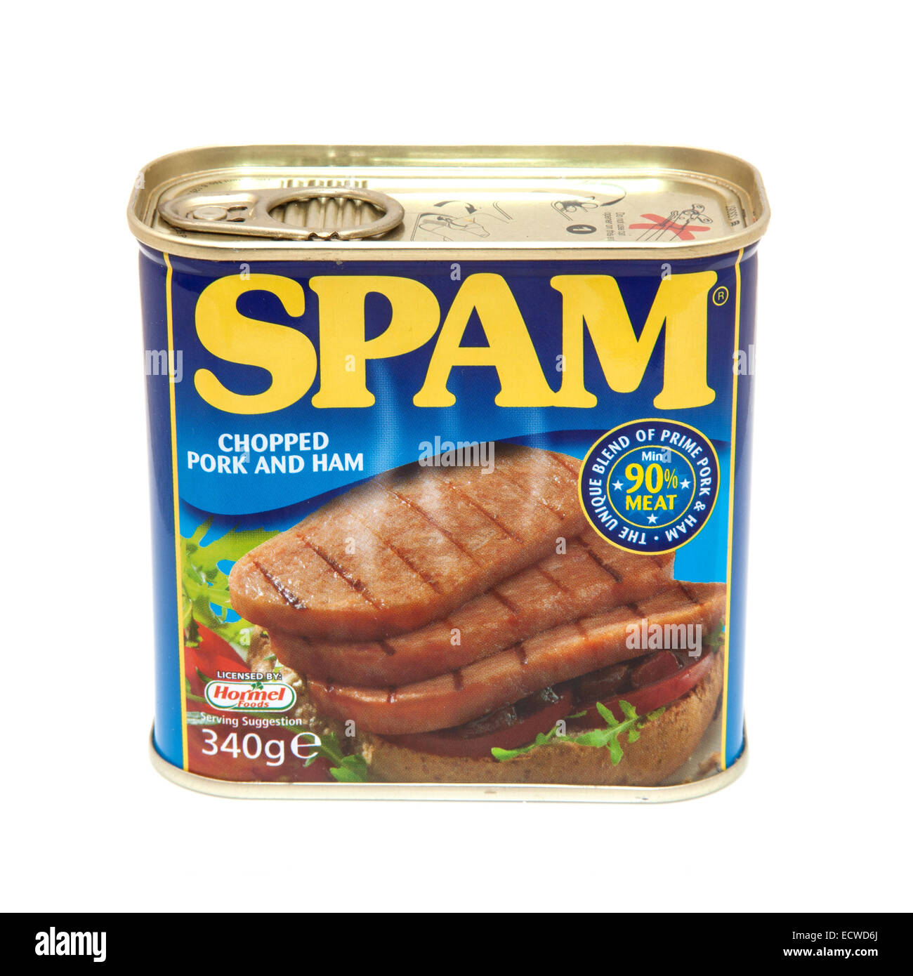 Can of spam, Chopped pork and ham isolated on a white studio background