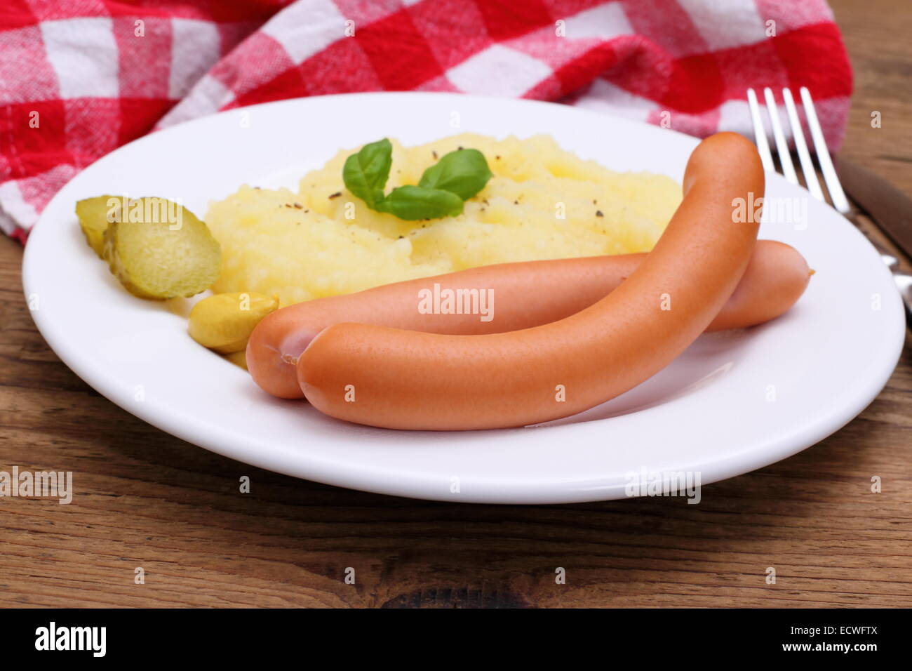Wiener sausage with mashed potatoes, mustard, close up Stock Photo - Alamy