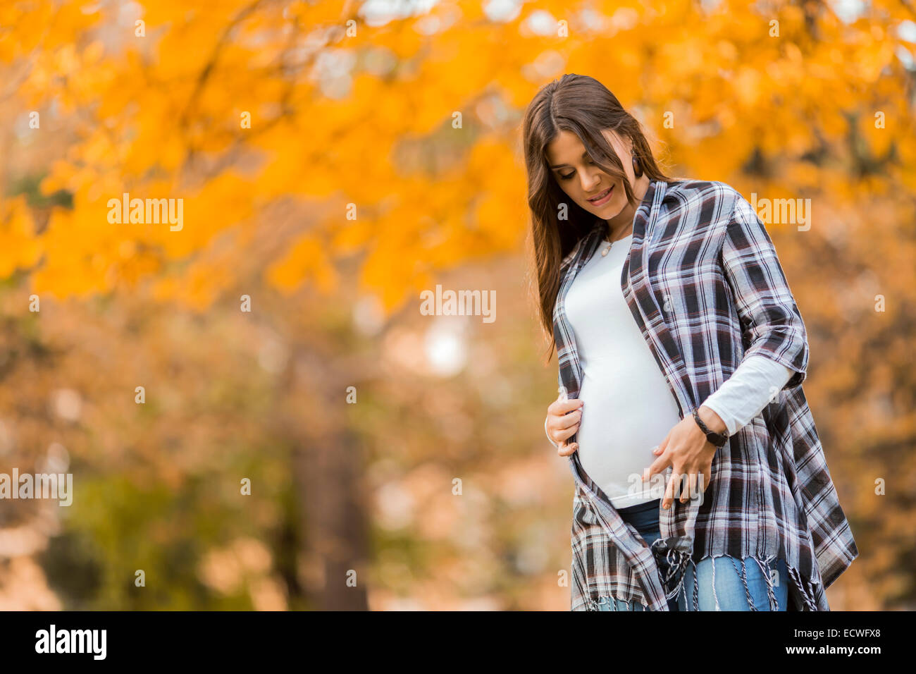Young pregnant woman in the autumn park Stock Photo - Alamy