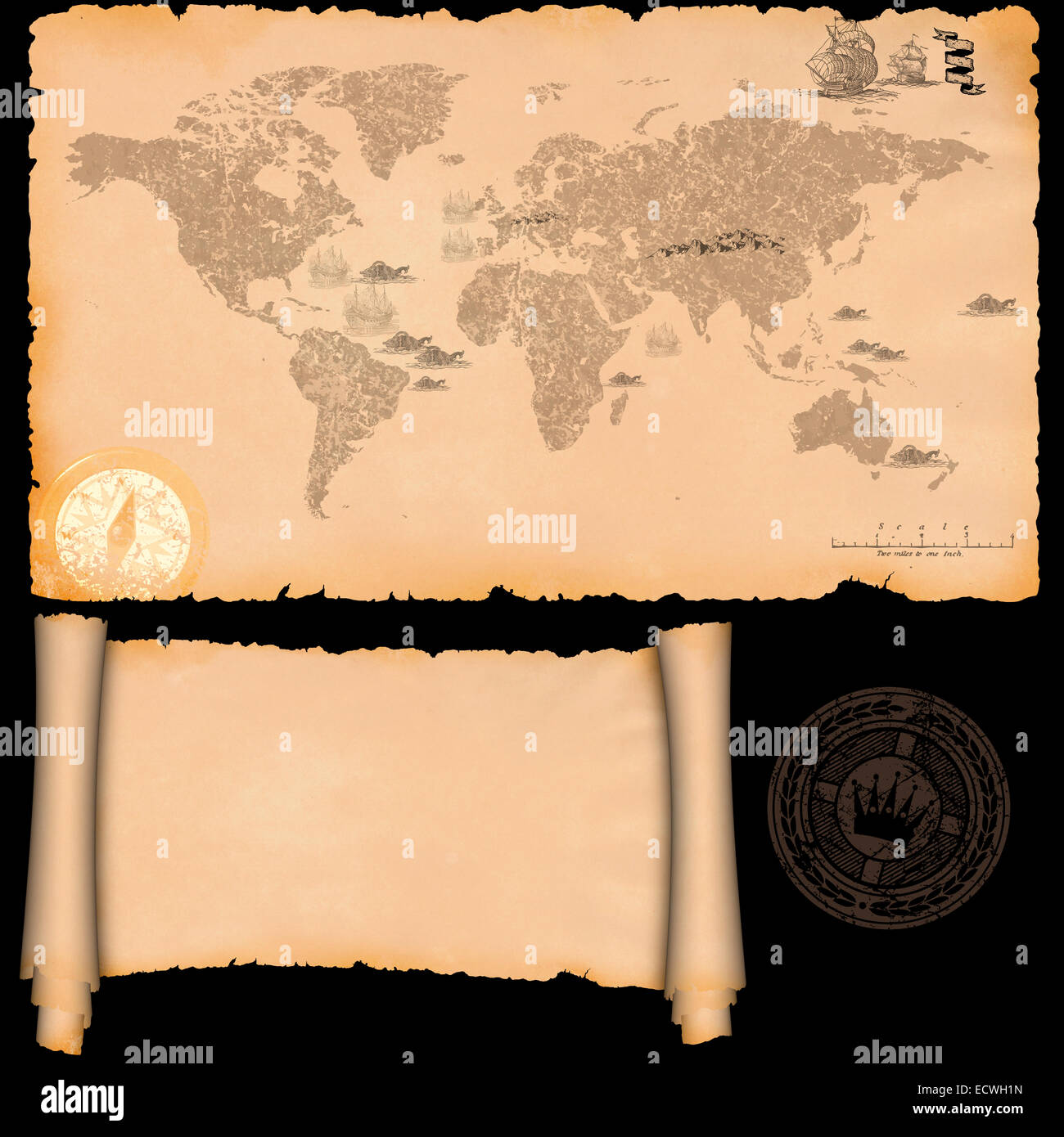 Medieval parchment and ancient map on a black background. Stock Photo