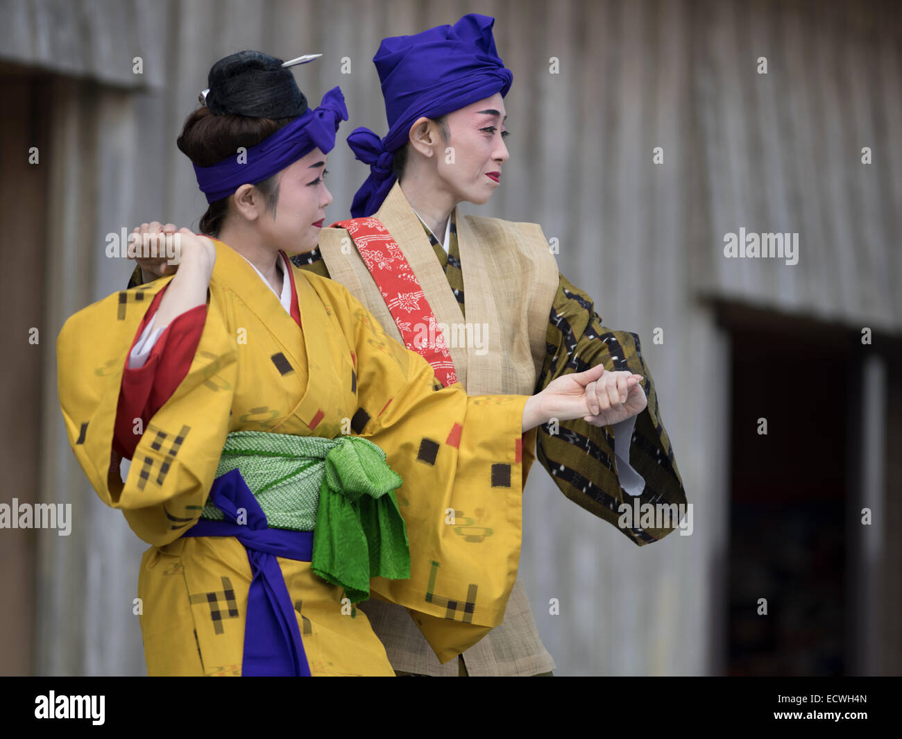 Matsuda Kaori (female role) and Hanashiro Fujiko (male role) perform Kanayo Amaka a traditional Ryukyu Dance at Shuri Castle. Stock Photo