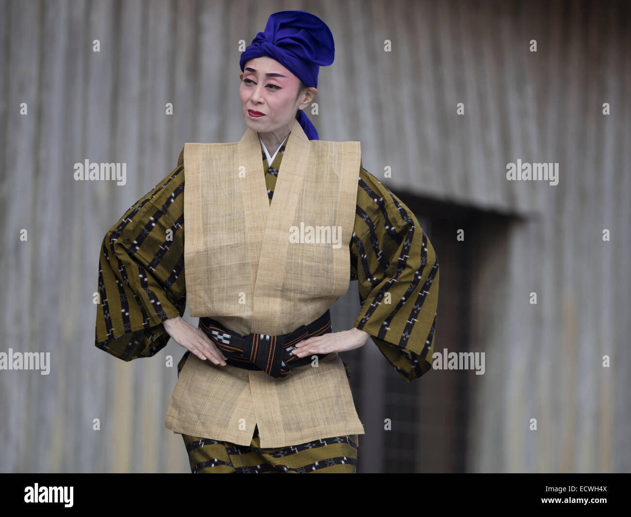 Hanashiro Fujiko (male role) performs Kanayo Amaka a traditional Ryukyu Dance at Shuri Castle. Stock Photo