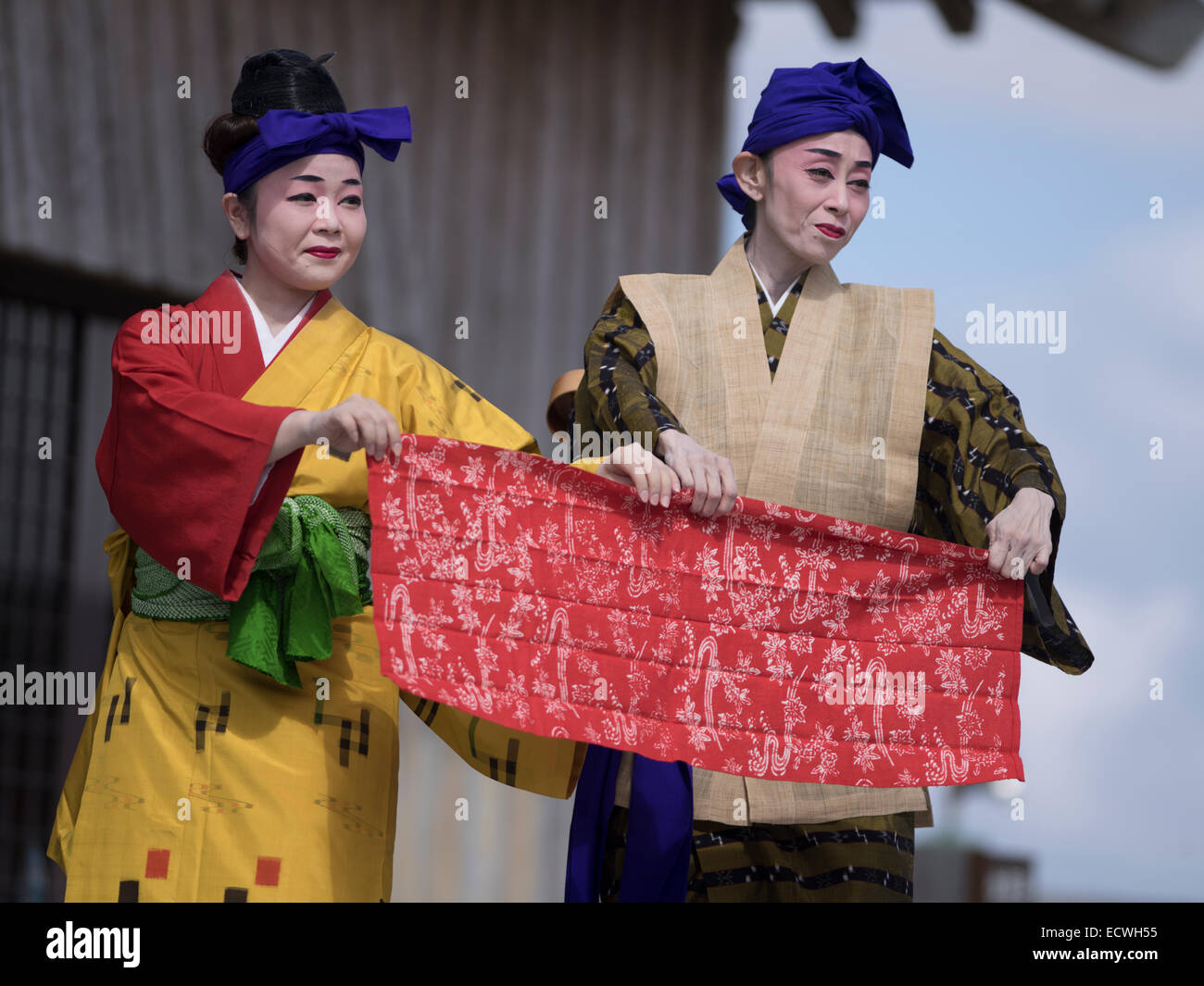 Matsuda Kaori (female role) and Hanashiro Fujiko (male role) perform Kanayo Amaka a traditional Ryukyu Dance at Shuri Castle. Stock Photo