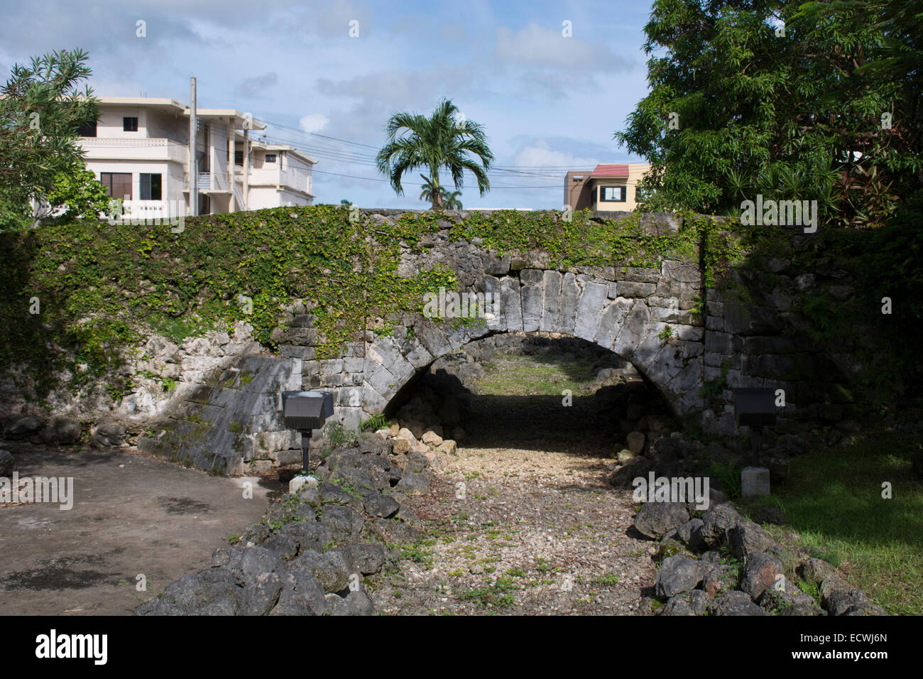 Micronesia, Mariana Islands, US Territory of Guam, Hagatna (aka Agana). Ruins of historic San Antonio Bridge. Stock Photo
