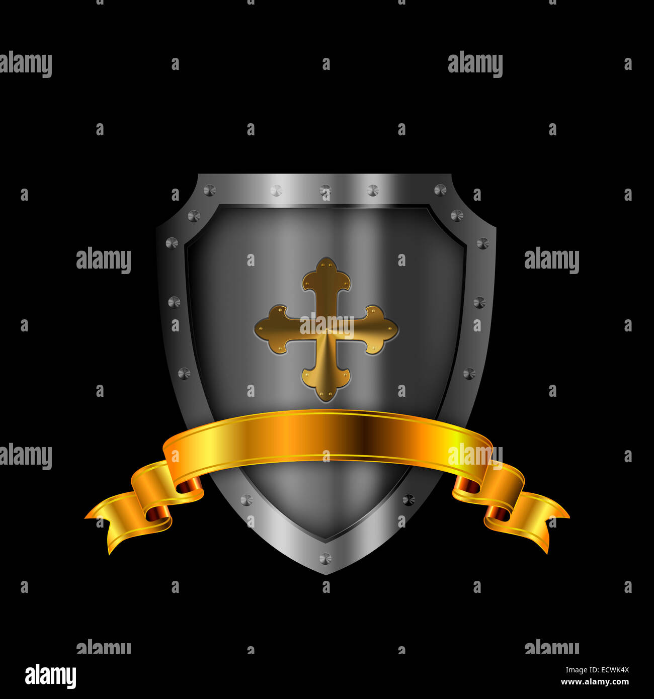Medieval Silver Shield With Gold Cross And Gold Banner Stock Photo