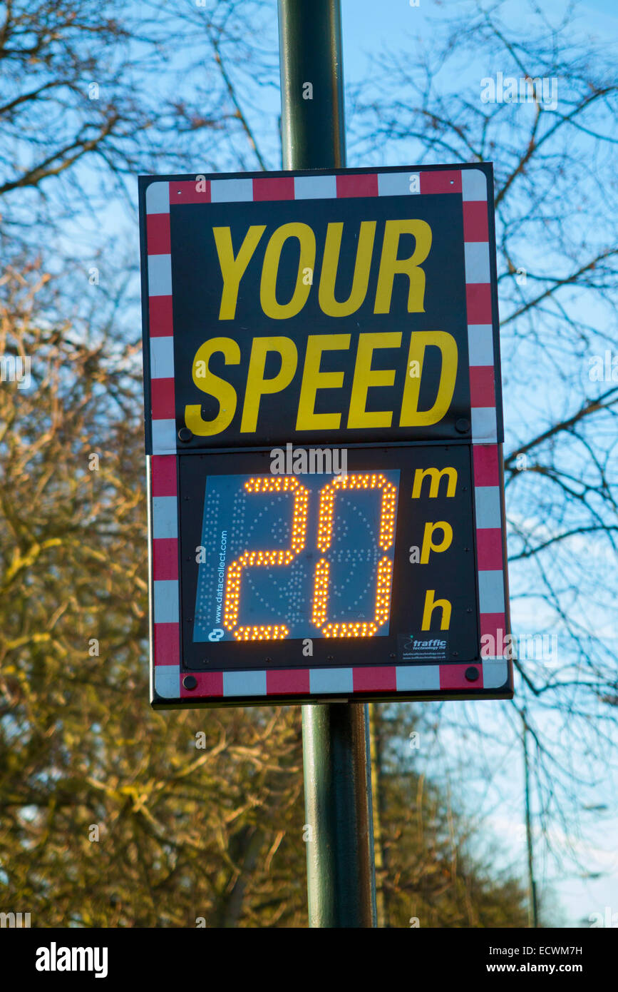 Speed Indicator Device (SID) on a 30 mph mile per hour stretch of road: it displays speed of approaching car / vehicle. Stock Photo