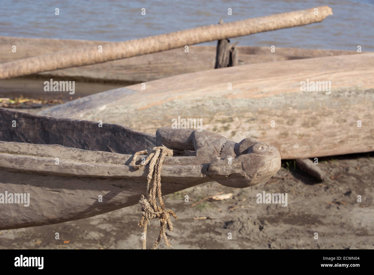 Melanesia, Papua New Guinea, Sepik River area, Village of Kopar. Traditional dugout canoe with carved bow along the riverbank. Stock Photo