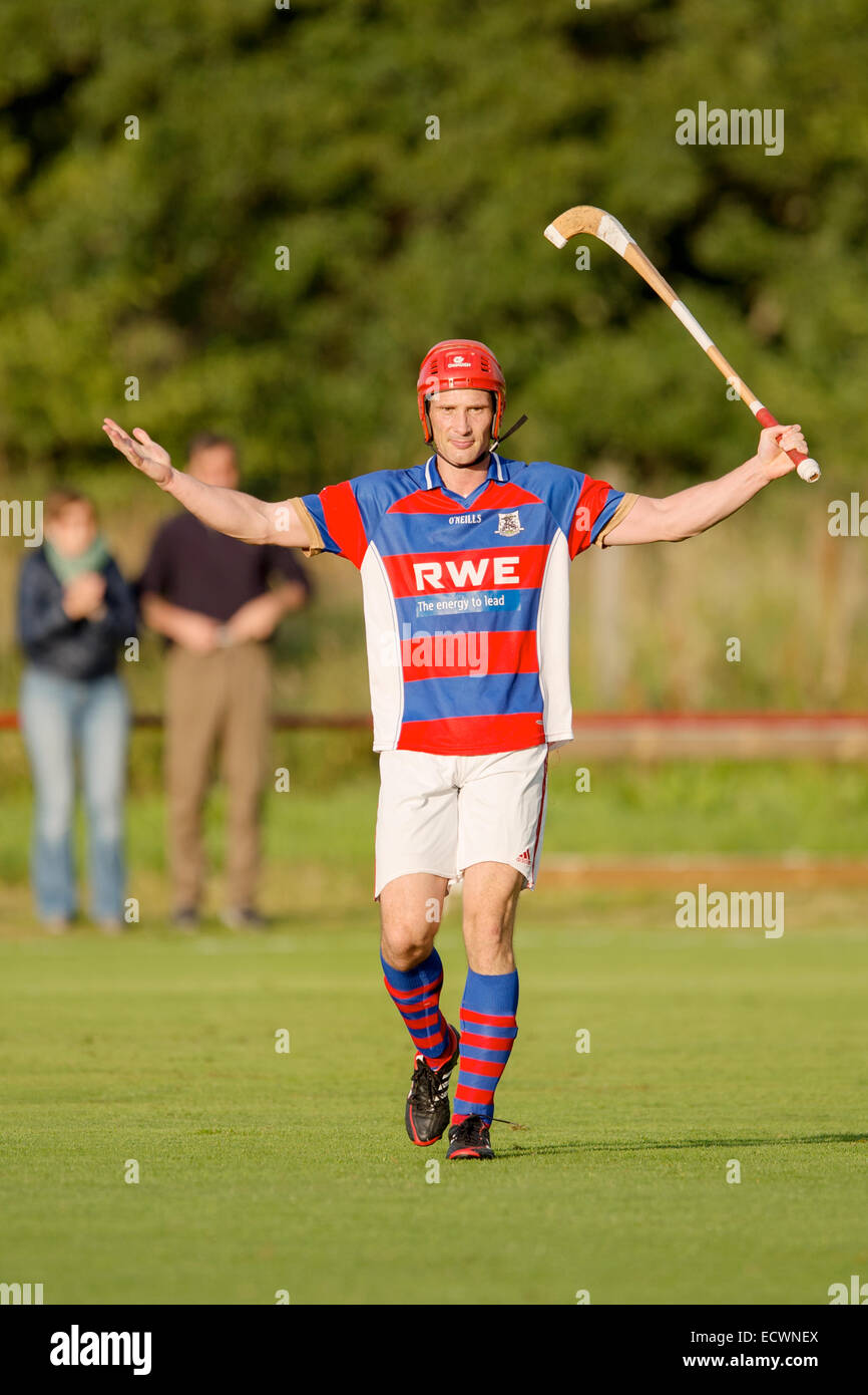 Kingussie forward Ronald Ross MBE celebrates another goal.  Kingussie v Newtonmore in the Orion Premiership, played at The Dell, Stock Photo