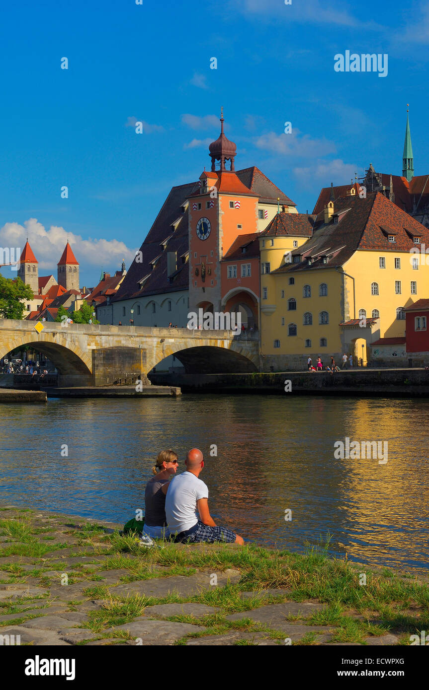 Regensburg, Stone bridge, Danube River, S. Peter Cathedral, Ratisbone. Upper Palatinate, Bavaria. Germany. Stock Photo