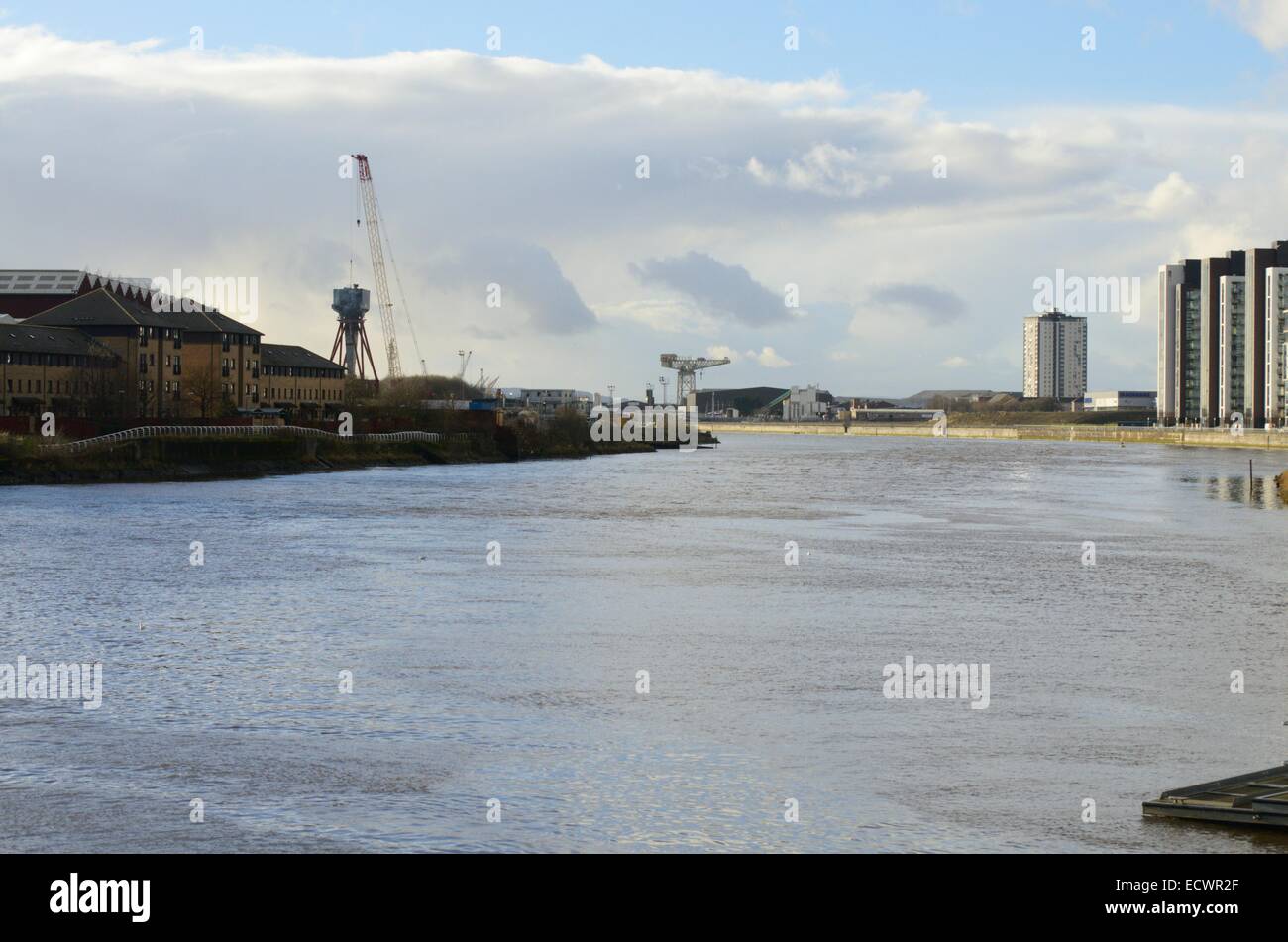 Industrial waterfronts on the River Clyde in Glasgow, Scotland Stock Photo
