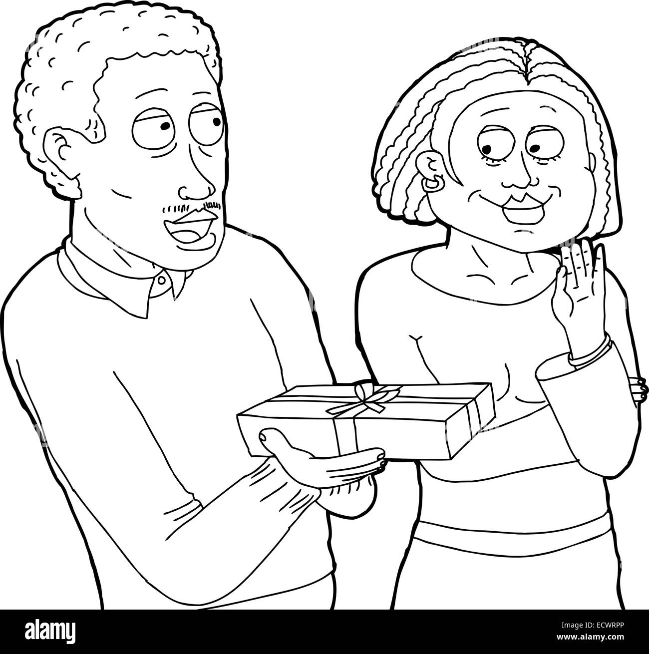 Outline of man with mustache giving flattered woman a gift Stock Photo