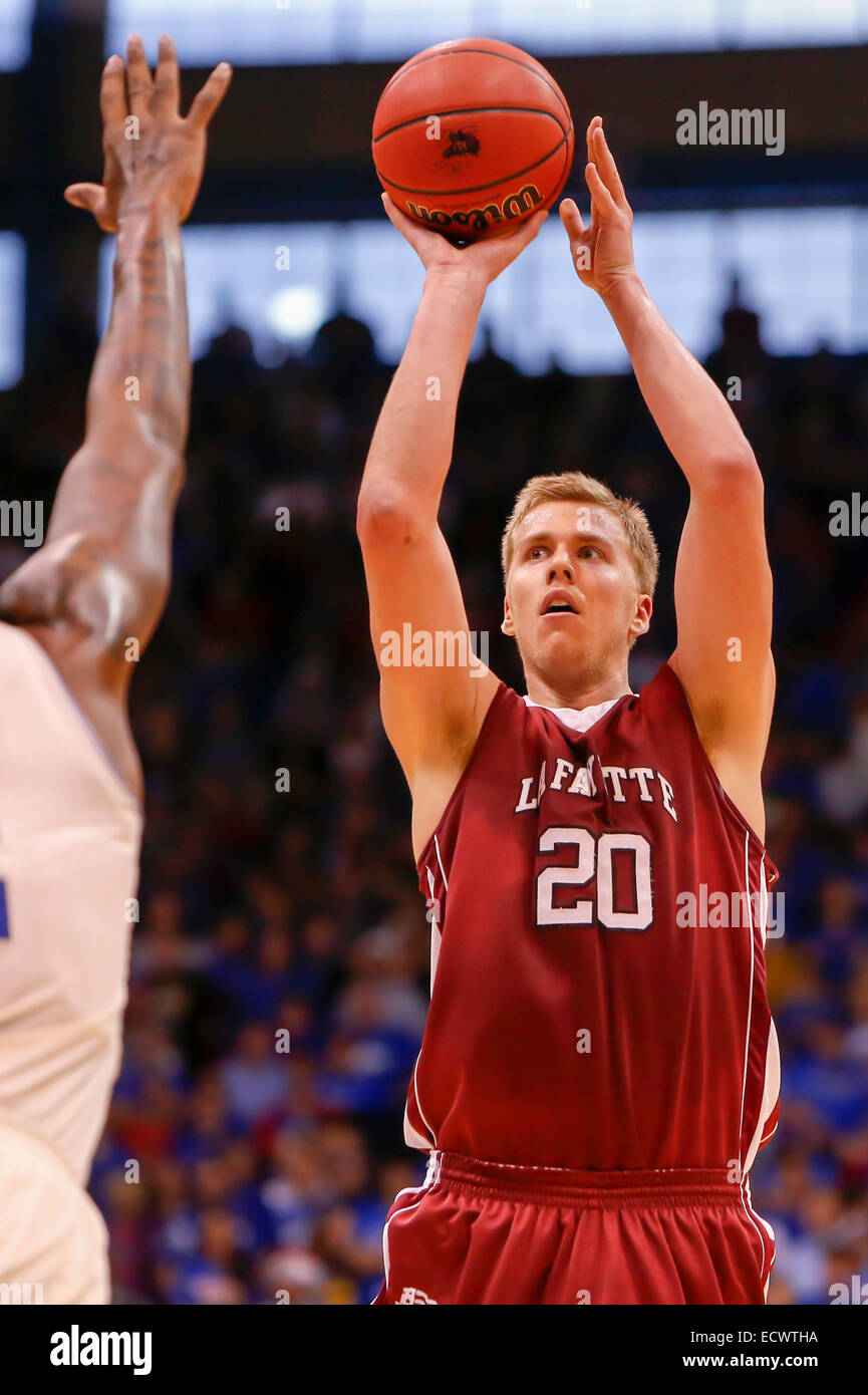 Lawrence, Kansas, USA. 20th Dec, 2014. December 20, 2014: Dan Trist #20 of the Lafayette Leopards takes an open shot early in the second half during the NCAA basketball game between the Lafayette Leopards and the Kansas Jayhawks at Allen Fieldhouse in Lawrence, KS Credit:  Cal Sport Media/Alamy Live News Stock Photo