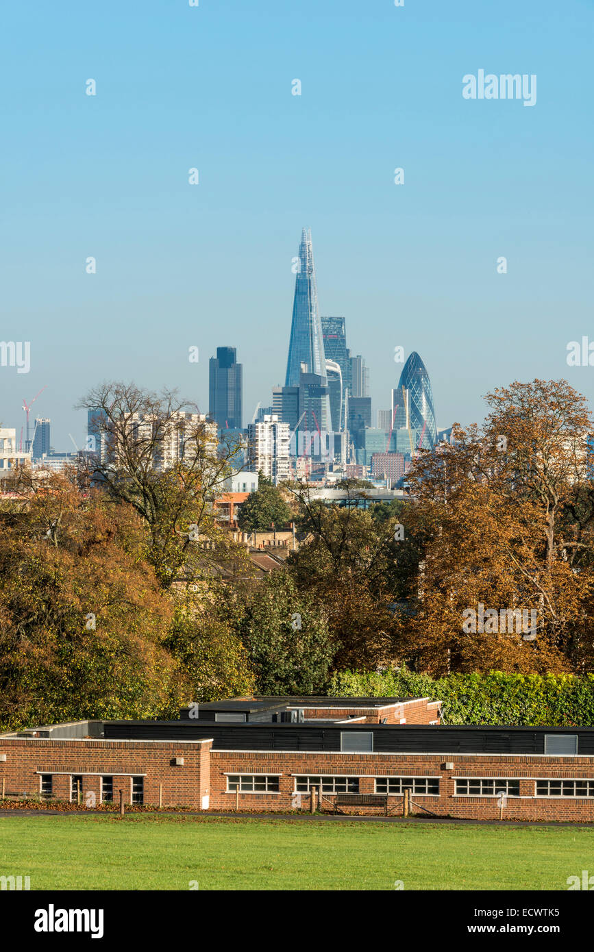 Views across Brockwell Park, Herne Hill to south London and the financial district of the City of London including the Shard Stock Photo