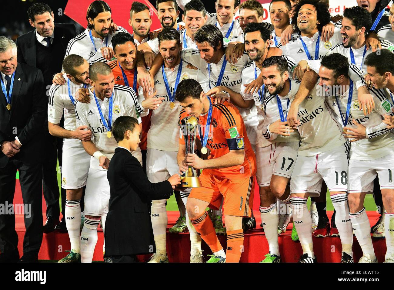 Marrakech Morocco th Dec 14 Prince Moulay Hassan Giving The Trophy To Iker Casillas With His Team Celebrating With The Trophy After Win The Fifa Club World Cup 14 In Marrakech During