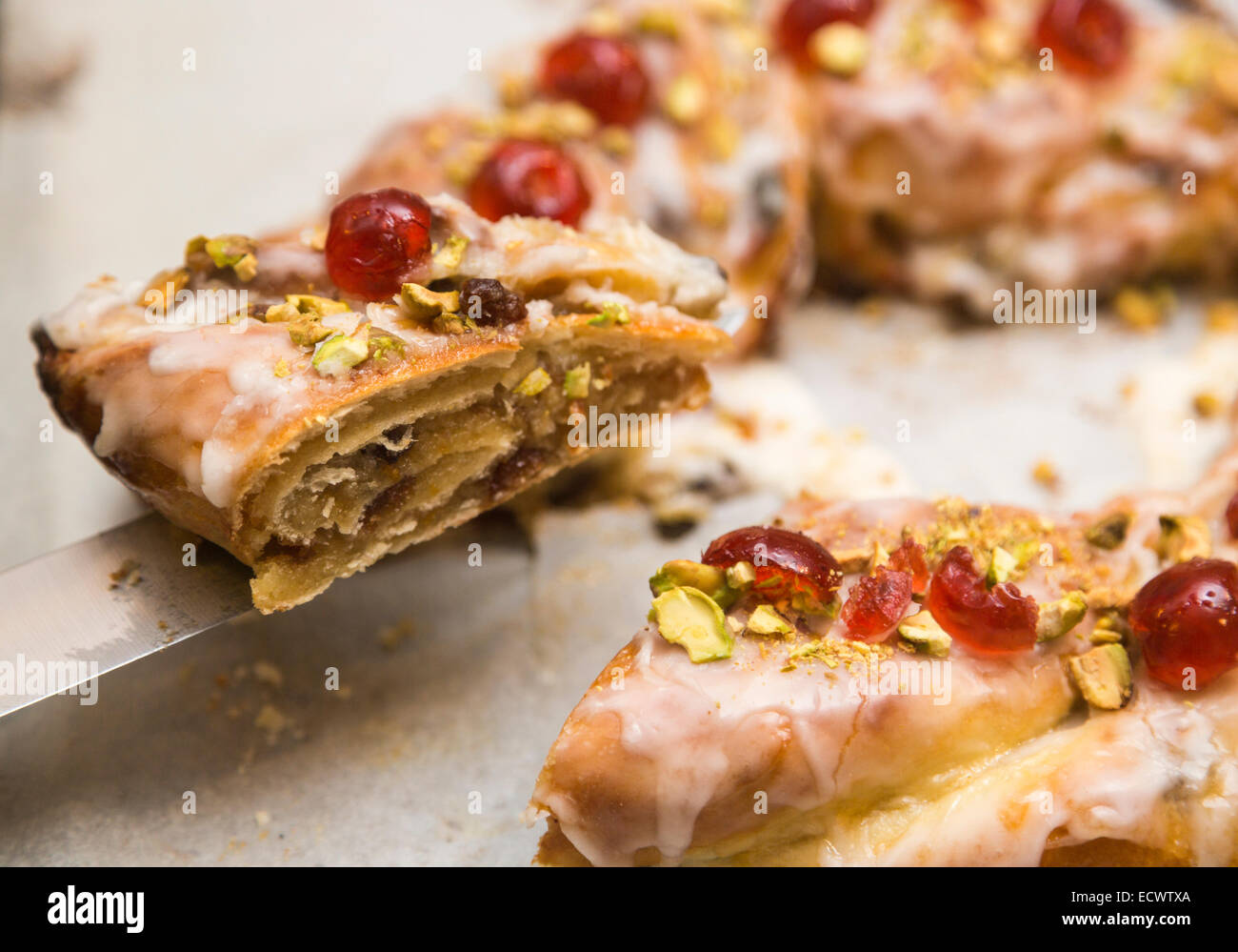 Mincemeat and marzipan couronne with glacé cherries decoration as featured in the Great British Bake Off Christmas Masterclass with Paul Hollywood Stock Photo